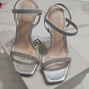 BP Vanessa Silver Rhinestone Strappy Heels- 6